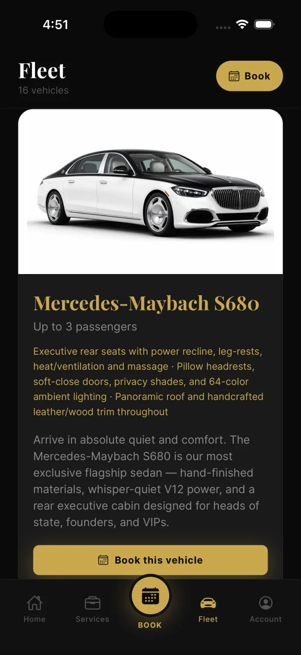 Cle Royale app fleet screen — Mercedes-Maybach S680 detail