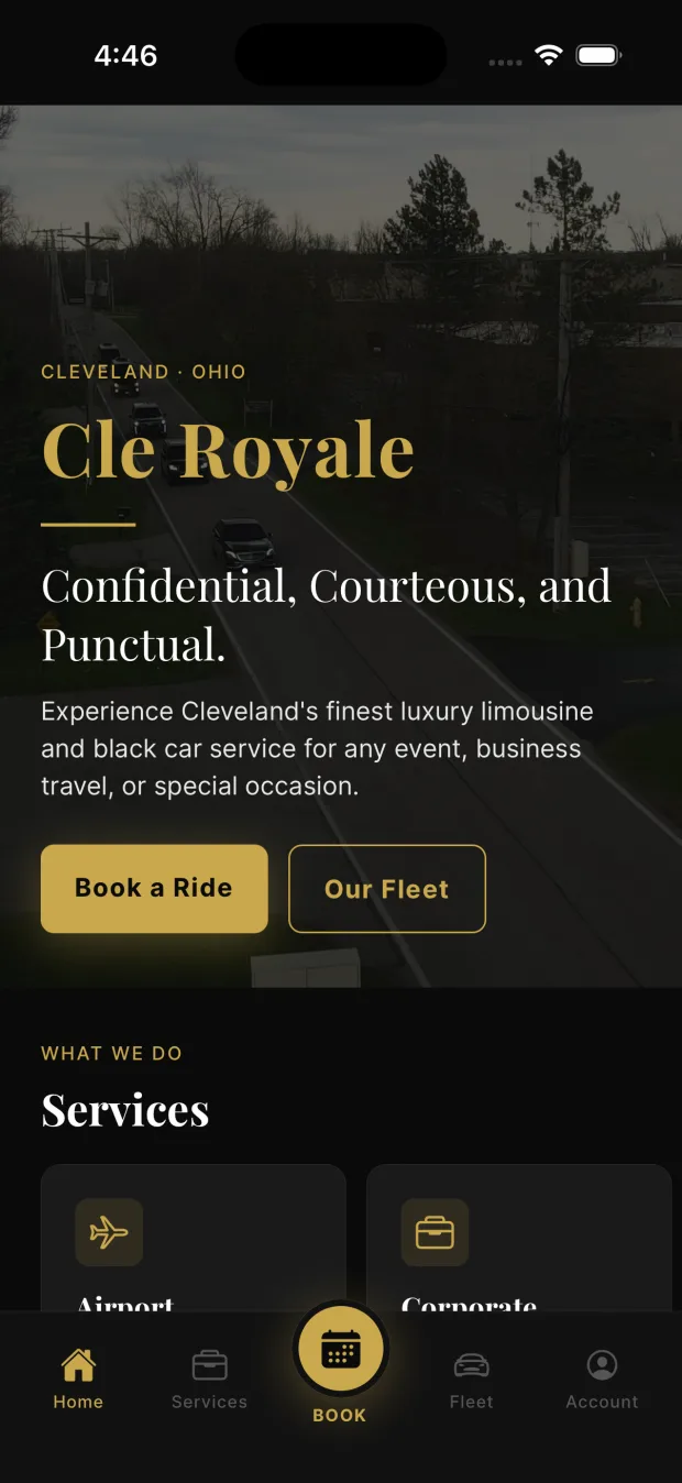 Cle Royale app home screen — book a ride or browse the fleet